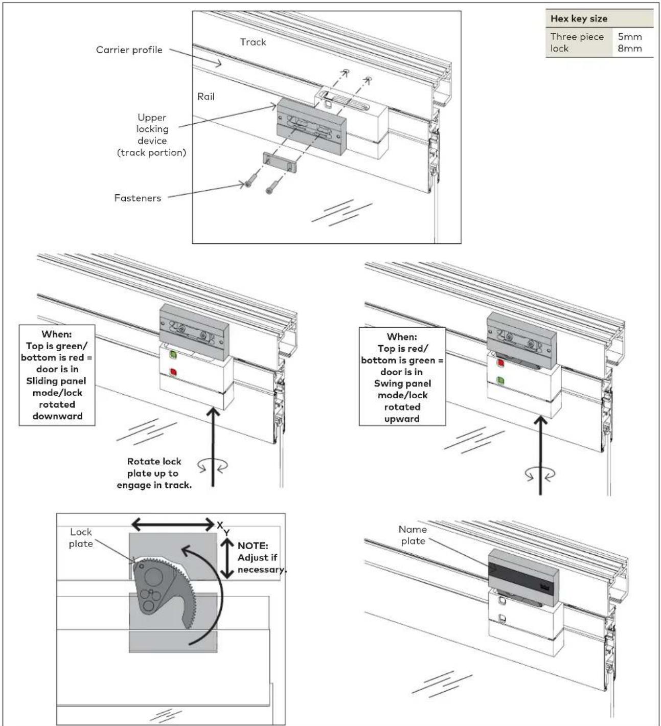 Hex key size Three piece lock 5mm 8mm Carrier profile Track Rail Upper locking device (track portion) Fasteners When: Top is green/ bottom is red = door is in Sliding panel mode/lock rotated downward Rotate lock plate up to engage in track. When: Top is red/ bottom is green = door is in Swing panel mode/lock rotated upward Lock plate NOTE: Adjust if necessary. Name plate