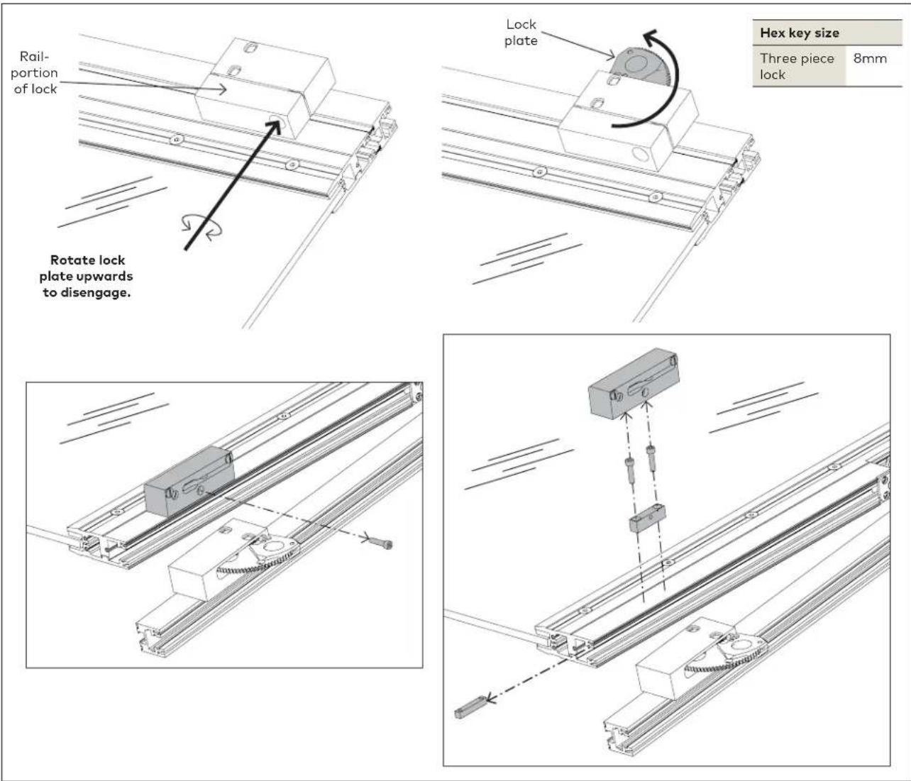 Rail- portion of lock Rotate lock plate upwards to disengage. Lock plate Hex key size Three piece lock 8mm