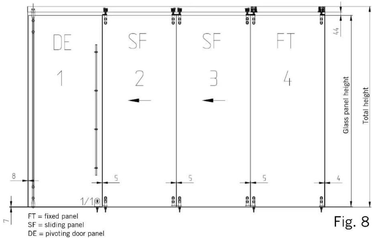 DE 1 SF 2 SF 3 FT 4 8 5 5 5 4 Glass panel height Total height 7 1/1 FT = fixed panel SF = sliding panel DE = pivoting door panel Fig. 8