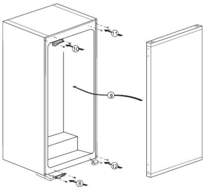 Technical diagram of a refrigerator with numbered components and directional arrows indicating assembly or movement.