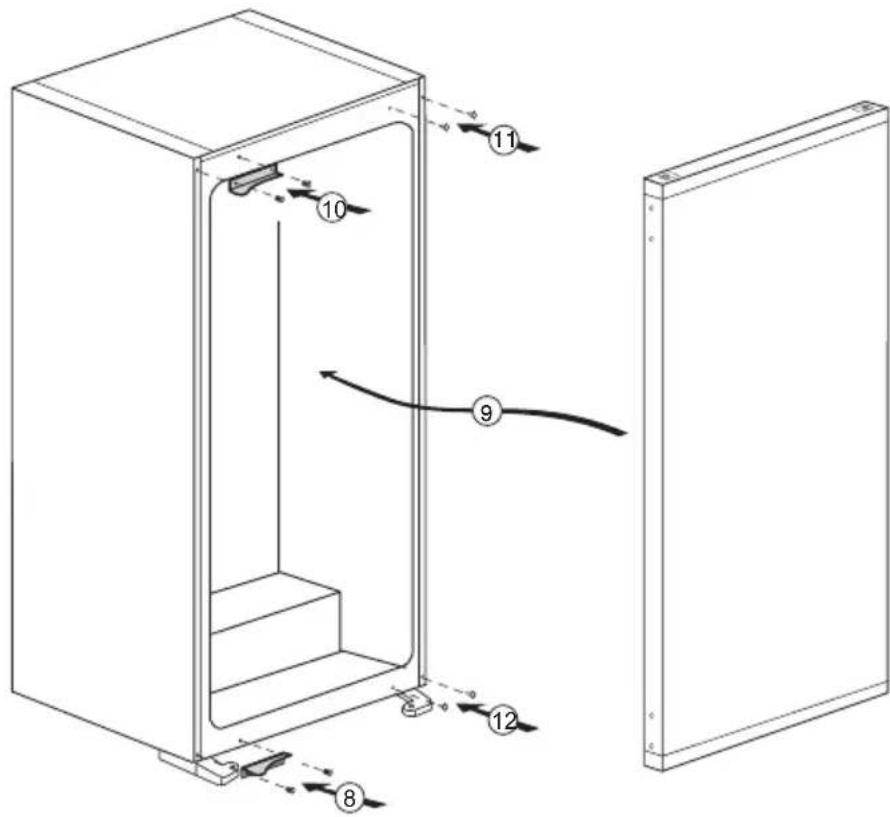 Technical diagram of a refrigerator with numbered components and directional arrows indicating assembly or movement.