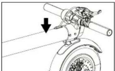 Mechanical assembly diagram showing a brake caliper and wheel assembly with a downward arrow indicating motion (no text or symbols)