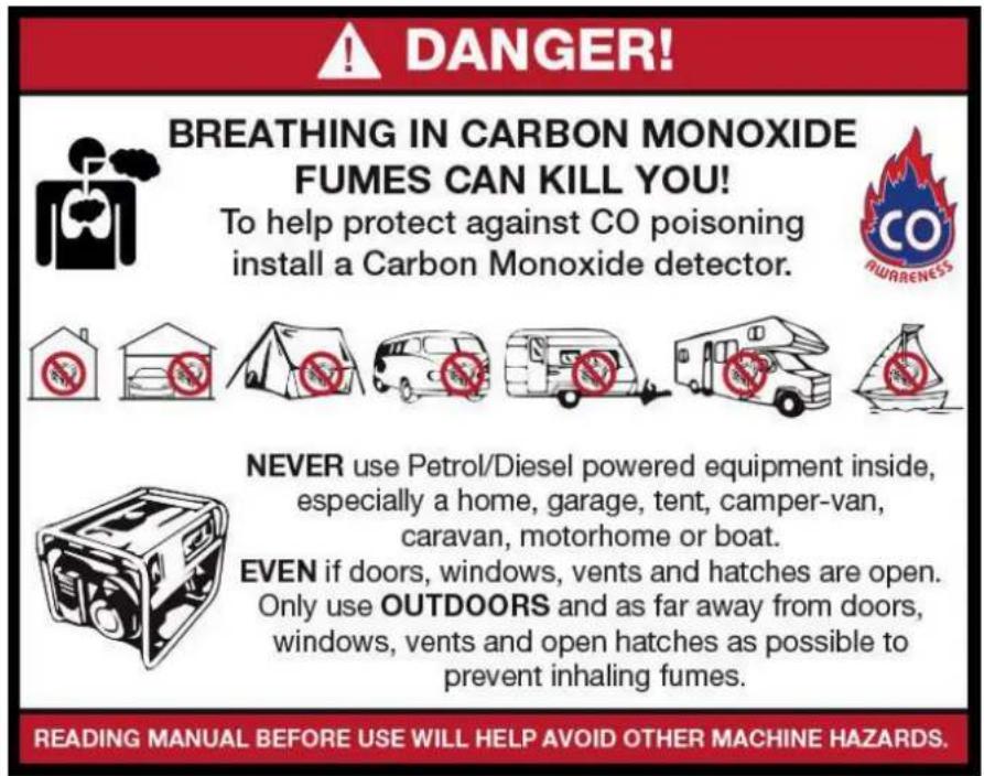 DANGER! BREATHING IN CARBON MONOXIDE FUMES CAN KILL YOU! To help protect against CO poisoning install a Carbon Monoxide detector. NEVER use Petrol/Diesel powered equipment inside, especially a home, garage, tent, camper-van, caravan, motorhome or boat. EVEN if doors, windows, vents and hatches are open. Only use OUTDOORS and as far away from doors, windows, vents and open hatches as possible to prevent inhaling fumes. READING MANUAL BEFORE USE WILL HELP AVOID OTHER MACHINE HAZARDS.