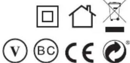 Collection of copyright and certification symbols including square, house, globe, V, BC, CE, and a circular arrow symbol.