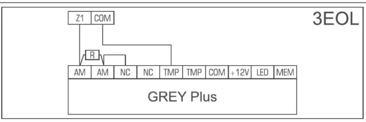 graph TD A["Z1"] --> B["COM"] C["R"] --> D["AM"] C --> E["AM"] C --> F["NC"] C --> G["NC"] C --> H["TMP"] C --> I["TMP"] C --> J["COM"] J --> K["+12V"] J --> L["LED"] J --> M["MEM"] N["GREY Plus"] --> O["3EOL"]