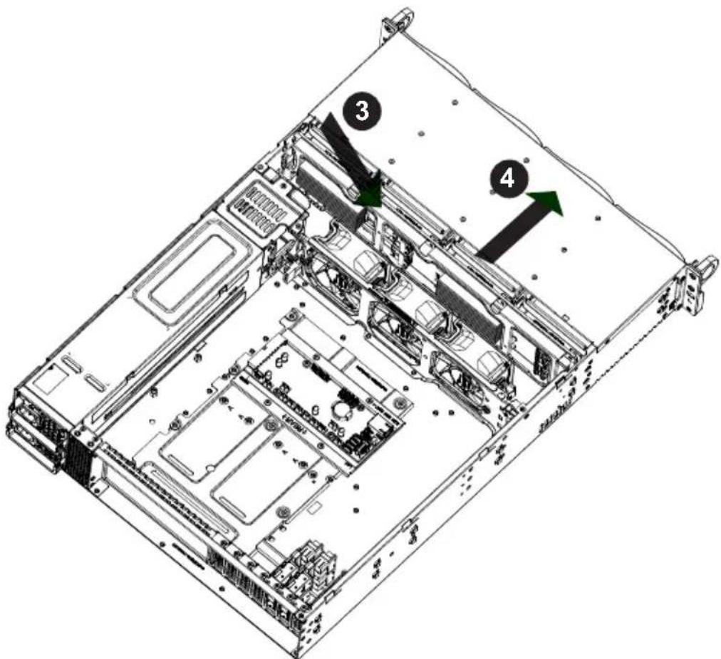 Technical diagram of a server rack with numbered components and directional arrows indicating assembly or movement.