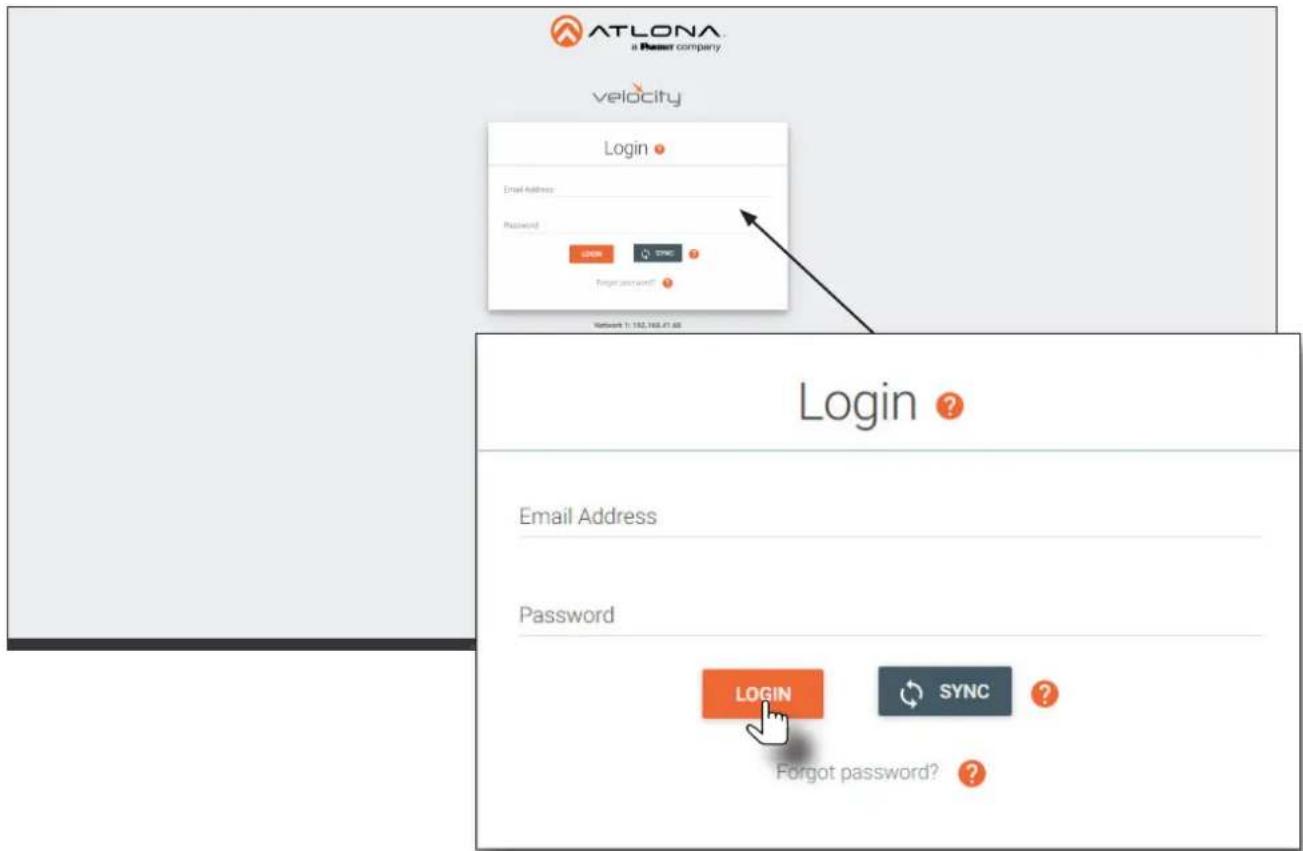 ATLONA a Power company velocity Login Email Address Password LOGIN SYNC Forgot password? Network 1: 152.168.47.68 Login ? Email Address Password LOGIN SYNC Forgot password?
