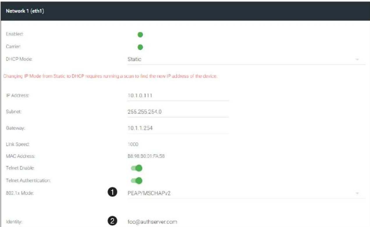 Network 1 (eth1) Enabled: Carrier: DHCP Mode: Static Changing IP Mode from Static to DHCP requires running a scan to find the new IP address of the device. IP Address: 10.1.0.111 Subnet: 255.255.254.0 Gateway: 10.1.1.254 Link Speed: 1000 MAC Address: B8:98.B0.01.FA.58 Telnet Enable: Telnet Authentication: 802.1x Mode: ① PEAP/MSCHAPv2 identity: ② fcc@authserver.com