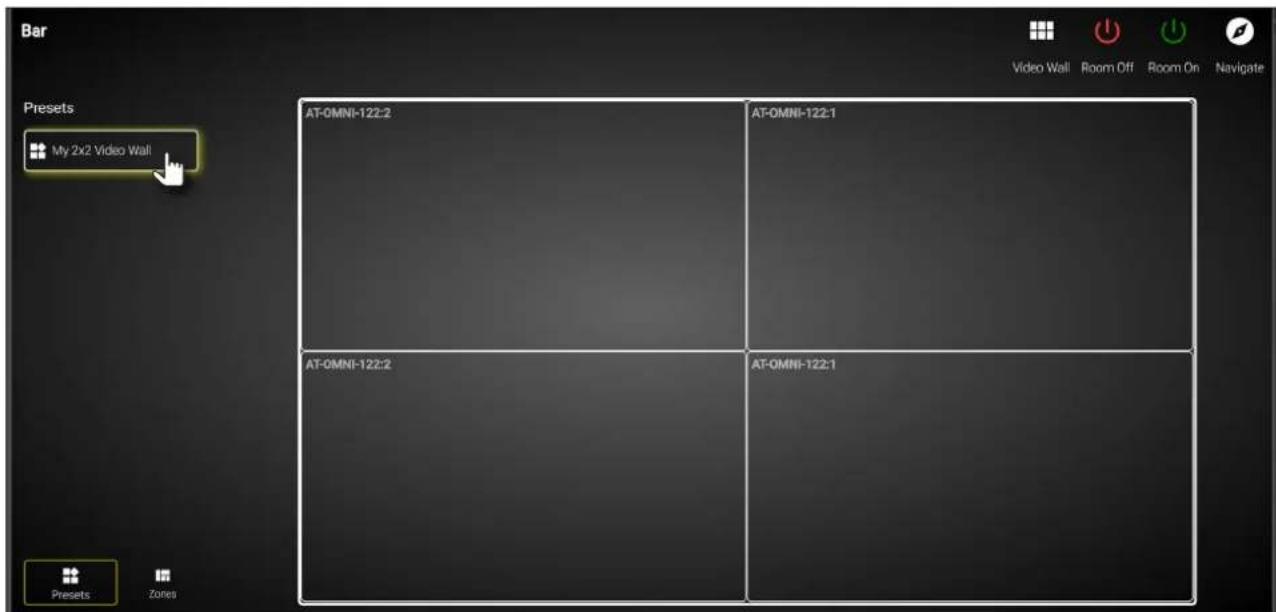 Bar Preset My 2x2 Video Wall AT-OMNI-122:2 AT-OMNI-122:1 AT-OMNI-122:2 AT-OMNI-122:1 Presets Zones Video Wall Room Off Room On Navigate