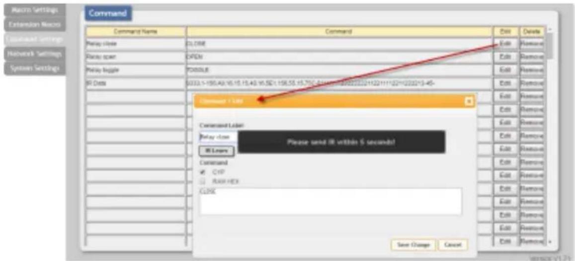 Command Command Name Command Delay Hole DELETE Delay span CPDM Delay Injahr PADOLE IR Data 0333.1-190.40.16.18.15.40.16.502.1.158.55.15.75C.0411.0.1688222222112211112211222213-45- Command + LIME Command Later Delay class OK LIME Command ✓ CHP □ RAX HEX CLOCK Please send IR within 5 seconds! Save Change Cancel