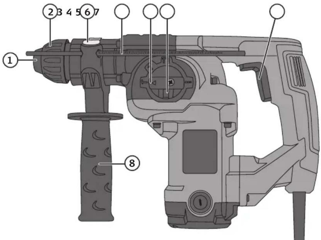 Technical diagram of a drill bit with numbered parts labeled for identification