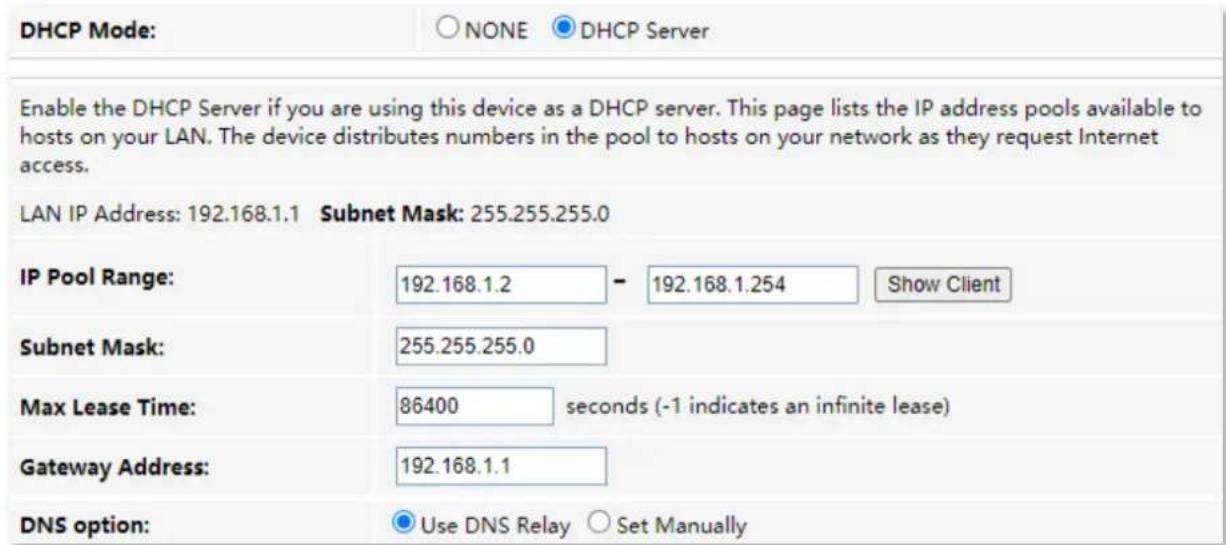 DHCP Mode: ○ NONE ● DHCP Server Enable the DHCP Server if you are using this device as a DHCP server. This page lists the IP address pools available to hosts on your LAN. The device distributes numbers in the pool to hosts on your network as they request Internet access. LAN IP Address: 192.168.1.1 Subnet Mask: 255.255.255.0 IP Pool Range: 192.168.1.2 - 192.168.1.254 Show Client Subnet Mask: 255.255.255.0 Max Lease Time: 86400 seconds (-1 indicates an infinite lease) Gateway Address: 192.168.1.1 DNS option: ● Use DNS Relay ○ Set Manually