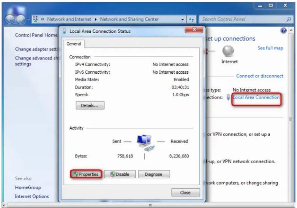 Network and Internet > Network and Sharing Center Local Area Connection Status General Connection IPv4 Connectivity: No Internet access IPv6 Connectivity: No Internet access Media State: Enabled Duration: 03:40:31 Speed: 1.0 Gbps Details... Activity Sent — Received Bytes: 758,618 | 8,236,680 Properties Disable Diagnose See also HomeGroup Internet Options Close Set up connections See full map Internet Connect or disconnect Less type: No Internet access Rejections: Local Area Connection or VPN connection; or set up a I-up, or VPN network connection. Work computers, or change sharing