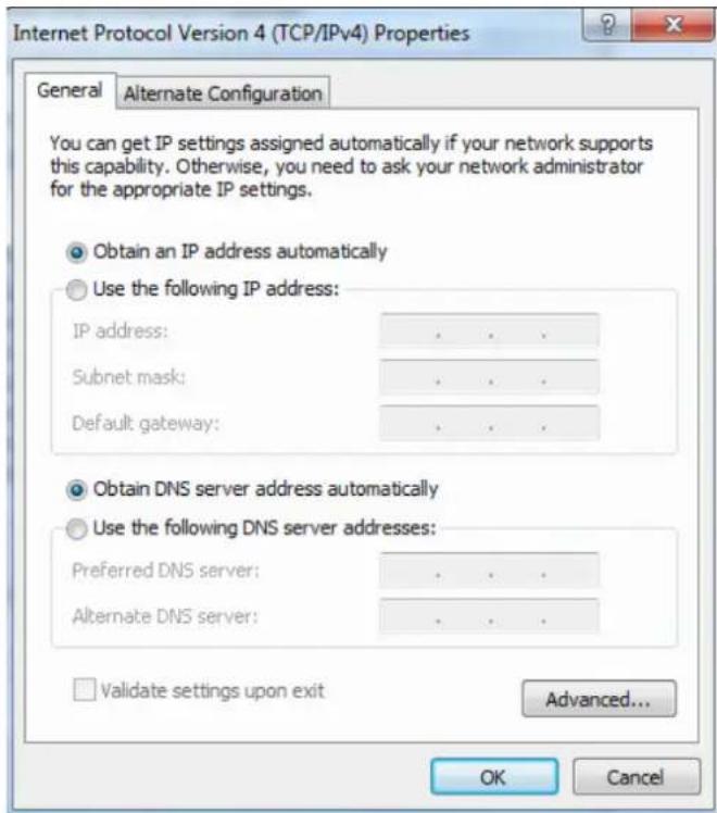Internet Protocol Version 4 (TCP/IPv4) Properties General Alternate Configuration You can get IP settings assigned automatically if your network supports this capability. Otherwise, you need to ask your network administrator for the appropriate IP settings. Obtain an IP address automatically Use the following IP address: IP address: . Subnet mask: . Default gateway: . Obtain DNS server address automatically Use the following DNS server addresses: Preferred DNS server: . Alternate DNS server: . Validate settings upon exit Advanced... OK Cancel