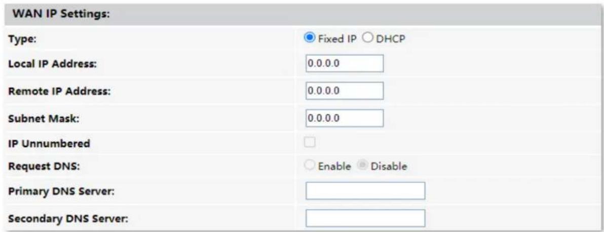 WAN IP Settings: Type: Fixed IP DHCP Local IP Address: 0.0.0.0 Remote IP Address: 0.0.0.0 Subnet Mask: 0.0.0.0 IP Unnumbered Request DNS: Enable Disable Primary DNS Server: Secondary DNS Server: