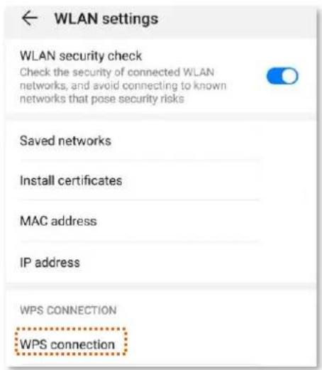 WLAN settings WLAN security check Check the security of connected WLAN networks, and avoid connecting to known networks that pose security risks Saved networks Install certificates MAC address IP address WPS CONNECTION WPS connection