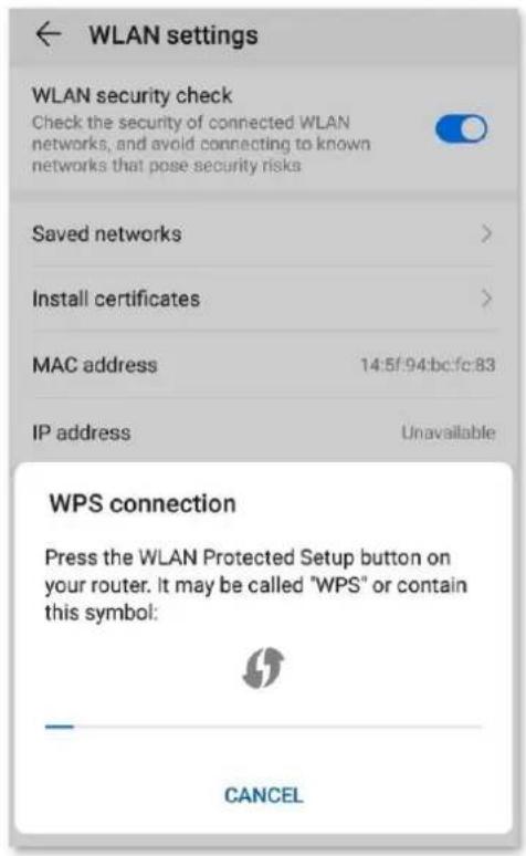 WLAN settings WLAN security check Check the security of connected WLAN networks, and avoid connecting to known networks that pose security risks Saved networks > Install certificates > MAC address 14:5f:94:bc:fc:83 IP address Unavailable WPS connection Press the WLAN Protected Setup button on your router. It may be called "WPS" or contain this symbol: CANCEL