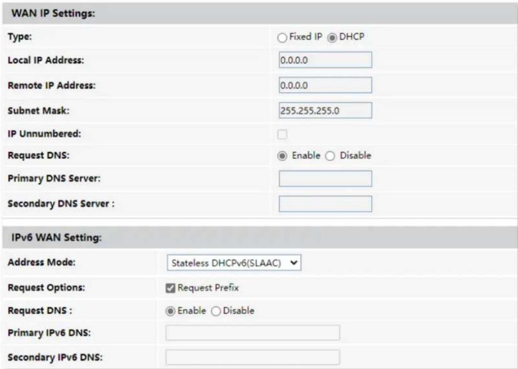 WAN IP Settings: Type: Fixed IP DHCP Local IP Address: 0.0.0.0 Remote IP Address: 0.0.0.0 Subnet Mask: 255.255.255.0 IP Unnumbered: Request DNS: Enable Disable Primary DNS Server: Secondary DNS Server :