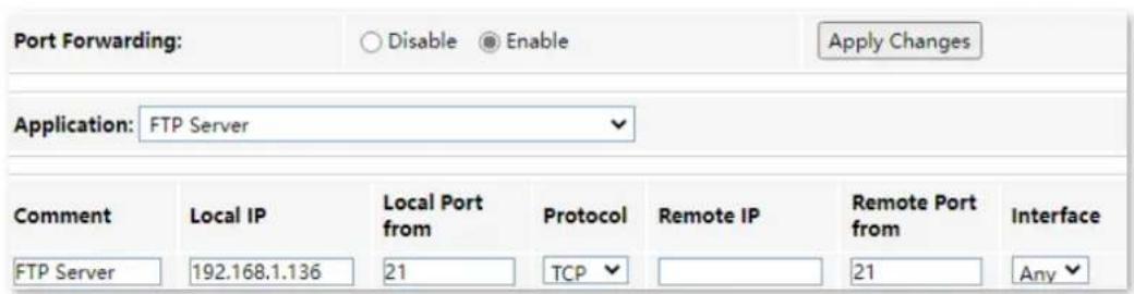 Port Forwarding: ○ Disable ● Enable Apply Changes Application: FTP Server Comment Local IP Local Port from Protocol Remote IP Remote Port from Interface FTP Server 192.168.1.136 21 TCP 21 Any
