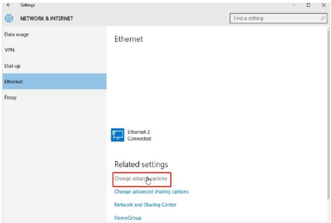 Settings NETWORK & INTERNET Data usage VPN Dial-up Ethernet Proxy Ethernet Ethernet 2 Connected Related settings Change adapter options Change advanced sharing options Network and Sharing Center HomeGroup Find a setting