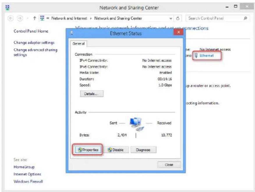Network and Sharing Center Control Panel Home Change adapter settings Change advanced sharing settings View your basic network information and setup connections Ethernet Status General Connection IPv4 Connectivity: No Internet access IPv6 Connectivity: No Internet access Media State: Enabled Duration: 00:14:16 Speed: 1.0 Gbps Details... Activity Sent — Received Bytes: 2,434 | 18,772 Properties Disable Diagnose See also HomeGroup Internet Options Windows Firewall Close No Internet access Ethernet Up a router or access point. Shooting information.