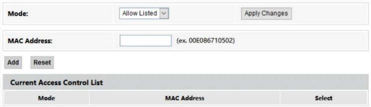 Mode: Allow Listed Apply Changes MAC Address: (ex. 00E086710502) Add Reset Current Access Control List Mode MAC Address Select