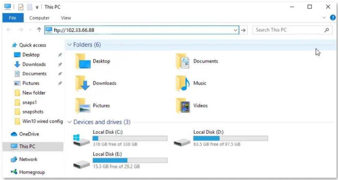 File Computer View ftp://102.33.66.88 Search This PC Quick access Desktop Downloads Documents Pictures New folder snaps1 snapshcts Win10 wired config Folders (6) Desktop Documents Downloads Music Pictures Videos Devices and drives (3) OneDrive This PC Network Homegroup Local Disk (C:) 316 GB free of 338 GB Local Disk (D:) 63.5 GB free of 97.5 GB Local Disk (E:) 15.3 GB free of 29.2 GB