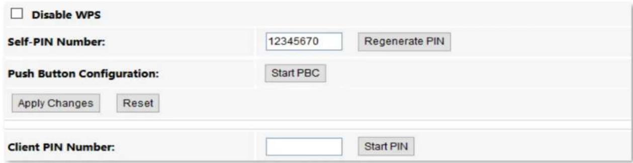 Disable WPS Self-PIN Number: 12345670 Regenerate PIN Push Button Configuration: Start PBC Apply Changes Reset Client PIN Number: Start PIN