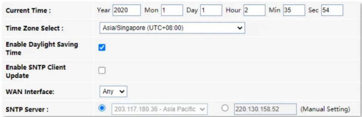 Current Time : Year 2020 Mon 1 Day 1 Hour 2 Min 35 Sec 54 Time Zone Select : Asia/Singapore (UTC+08:00) Enable Daylight Saving Time Enable SNTP Client Update WAN Interface: Any SNTP Server : 203.117.180.36 - Asia Pacific 220.130.158.52 (Manual Setting)