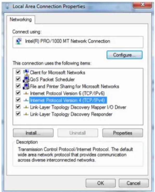 Local Area Connection Properties Networking Connect using: Intel(R) PRO/1000 MT Network Connection Configure... This connection uses the following items: ✓ Client for Microsoft Networks ✓ QoS Packet Scheduler ✓ File and Printer Sharing for Microsoft Networks ✓ Internet Protocol Version 6 (TCP/IPv6) ✓ Internet Protocol Version 4 (TCP/IPv4) ✓ Link-Layer Topology Discovery Mapper I/O Driver ✓ Link-Layer Topology Discovery Responder Install... Uninstall Properties Description Transmission Control Protocol/Internet Protocol. The default wide area network protocol that provides communication across diverse interconnected networks. OK Cancel