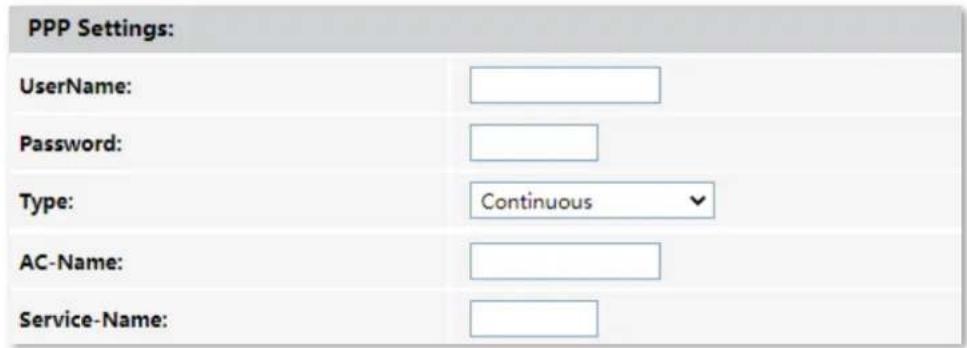 PPP Settings: UserName: Password: Type: Continuous AC-Name: Service-Name: