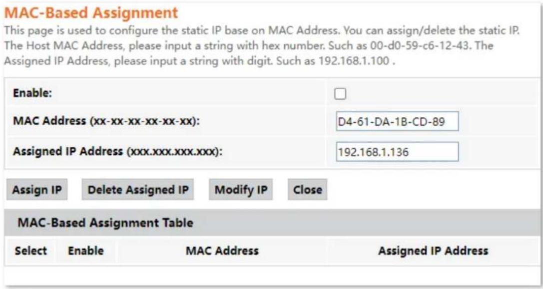 MAC-Based Assignment This page is used to configure the static IP base on MAC Address. You can assign/delete the static IP. The Host MAC Address, please input a string with hex number. Such as 00-d0-59-c6-12-43. The Assigned IP Address, please input a string with digit. Such as 192.168.1.100 . Enable: MAC Address (xx-xx-xx-xx-xx-xx): Assigned IP Address (xxx.xxx.xxx.xxx): Assign IP Delete Assigned IP Modify IP Close MAC-Based Assignment Table Select Enable MAC Address Assigned IP Address