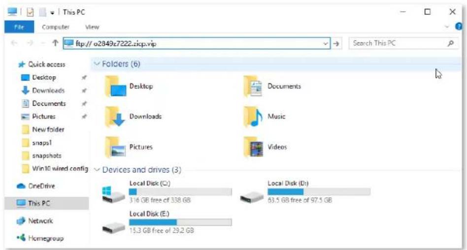 This PC File Computer View ftp://o2849z7222.zicp.vip Search This PC Quick access Desktop Downloads Documents Pictures New folder snaps1 snapshots Win10 wired config Folders (6) Desktop Documents Downloads Music Pictures Videos Devices and drives (3) OneDrive This PC Local Disk (G:) 316 GB free of 338 GB Local Disk (D:) 63.5 GB free of 97.5 GB Local Disk (E:) 15.3 GB free of 29.2 GB