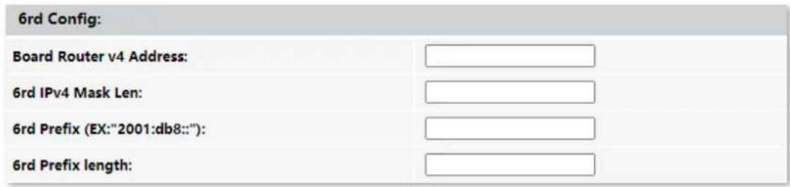 6rd Config: Board Router v4 Address: 6rd IPv4 Mask Len: 6rd Prefix (EX:"2001:db8::"): 6rd Prefix length:
