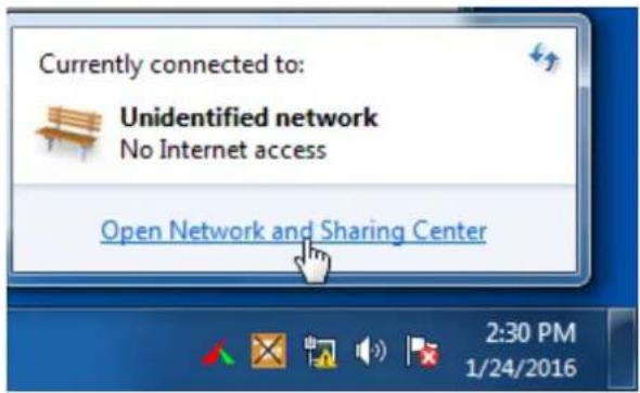 Currently connected to: Unidentified network No Internet access Open Network and Sharing Center 2:30 PM 1/24/2016