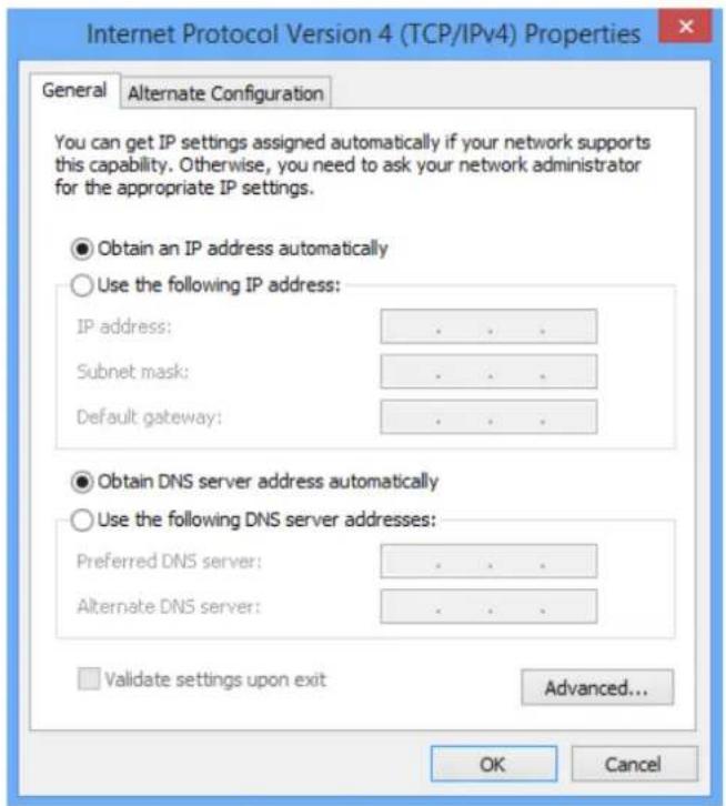 Internet Protocol Version 4 (TCP/IPv4) Properties General Alternate Configuration You can get IP settings assigned automatically if your network supports this capability. Otherwise, you need to ask your network administrator for the appropriate IP settings. ● Obtain an IP address automatically ○ Use the following IP address: IP address: .. Subnet mask: .. Default gateway: .. ● Obtain DNS server address automatically ○ Use the following DNS server addresses: Preferred DNS server: .. Alternate DNS server: .. □ Validate settings upon exit Advanced... OK Cancel