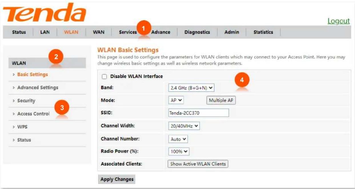 Tenda Status | LAN | WLAN | WAN | Services | Advance | Diagnostics | Admin | Statistics | WLAN Basic Settings This page is used to configure the parameters for WLAN clients which may connect to your Access Point. Here you may change wireless basic settings as well as wireless network parameters. Disable WLAN Interface Band: 2.4 GHz (B+G+N) ▼ Mode: AP ▼ Multiple AP SSID: Tenda-2CC370 Channel Width: 20/40MHz ▼ Channel Number: Auto ▼ Radio Power (%): 100% ▼ Associated Clients: Show Active WLAN Clients Apply Changes