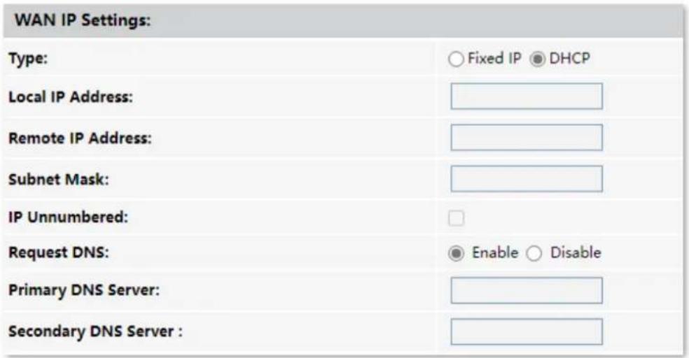 WAN IP Settings: Type: ○ Fixed IP ● DHCP Local IP Address: Remote IP Address: Subnet Mask: IP Unnumbered: Request DNS: ● Enable ○ Disable Primary DNS Server: Secondary DNS Server :
