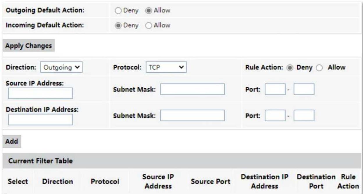 Outgoing Default Action: ○ Deny ● Allow Incoming Default Action: ● Deny ○ Allow Apply Changes Direction: Outgoing ▼ Source IP Address: Subnet Mask: Destination IP Address: Subnet Mask: Rule Action: ● Deny ○ Allow Port: □ - □ Port: □ - □ Add Current Filter Table Select Direction Protocol Source IP Address Source Port Destination IP Address Destination Rule Port Action