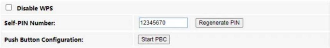 Disable WPS Self-PIN Number: 12345670 Regenerate PIN Push Button Configuration: Start PBC