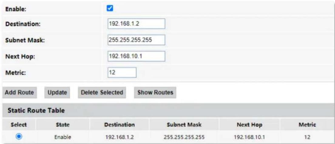 Enable: Destination: 192.168.1.2 Subnet Mask: 255.255.255.255 Next Hop: 192.168.10.1 Metric: 12 Add Route Update Delete Selected Show Routes Static Route Table Select State Destination Subnet Mask Next Hop Metric Enable 192.168.1.2 255.255.255.255 192.168.10.1 12