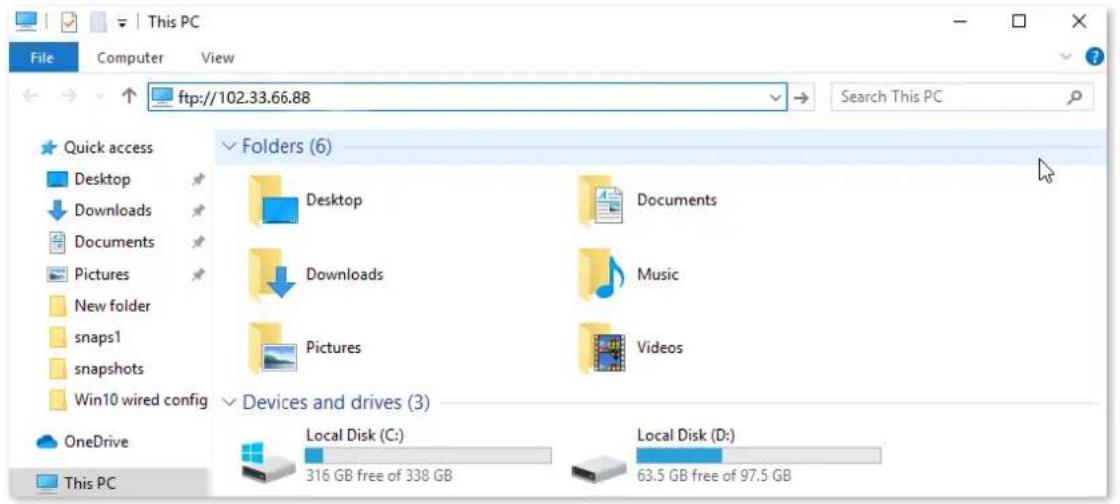 This PC File Computer View ftp://102.33.66.88 Search This PC Quick access Desktop Downloads Documents Pictures New folder snaps1 snapshots Win10 wired config Folders (6) Desktop Documents Downloads Music Pictures Videos Devices and drives (3) OneDrive Local Disk (C:) 316 GB free of 338 GB Local Disk (D:) 63.5 GB free of 97.5 GB This PC