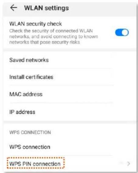 WLAN settings WLAN security check Check the security of connected WLAN networks, and avoid connecting to known networks that pose security risks Saved networks Install certificates MAC address IP address WPS CONNECTION WPS connection WPS PIN connection