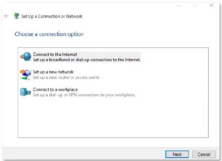 Set Up a Connection or Network Choose a connection option Connect to the Internet Set up a broadband or dial-up connection to the Internet. Set up a new network Set up a new router or access point. Connect to a workplace Set up a dial-up or VPN connection to your workplace. Next Cancel