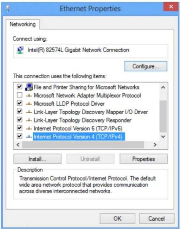 Ethernet Properties Networking Connect using: Intel(R) 82574L Gigabit Network Connection Configure... This connection uses the following items: ✓ File and Printer Sharing for Microsoft Networks □ Microsoft Network Adapter Multiplexor Protocol ✓ Microsoft LLDP Protocol Driver ✓ Link-Layer Topology Discovery Mapper I/O Driver ✓ Link-Layer Topology Discovery Responder ✓ Internet Protocol Version 6 (TCP/IPv6) ✓ Internet Protocol Version 4 (TCP/IPv4) Install... Uninstall Properties Description Transmission Control Protocol/Internet Protocol. The default wide area network protocol that provides communication across diverse interconnected networks. OK Cancel