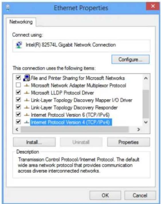 Ethernet Properties Networking Connect using: Intel(R) 82574L Gigabit Network Connection Configure... This connection uses the following items: File and Printer Sharing for Microsoft Networks Microsoft Network Adapter Multiplexor Protocol Microsoft LLDP Protocol Driver Link-Layer Topology Discovery Mapper I/O Driver Link-Layer Topology Discovery Responder Internet Protocol Version 6 (TCP/IPv6) Internet Protocol Version 4 (TCP/IPv4) Install... Uninstall Properties Description Transmission Control Protocol/Internet Protocol. The default wide area network protocol that provides communication across diverse interconnected networks. OK Cancel