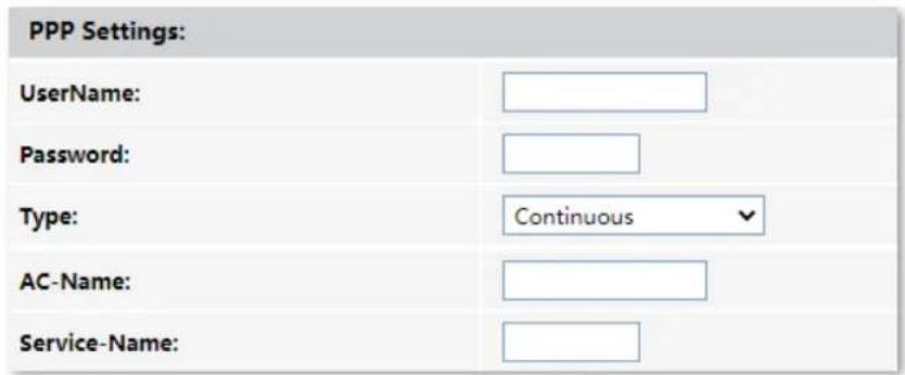 PPP Settings: UserName: Password: Type: Continuous AC-Name: Service-Name:
