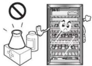Illustration showing a refrigerator with a stop sign, a firecracker, and a bottle, symbolizing food safety or disinfection.
