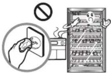 Safety warning illustration showing a hand using a device to clean air from a refrigerator, with no signage or text present.