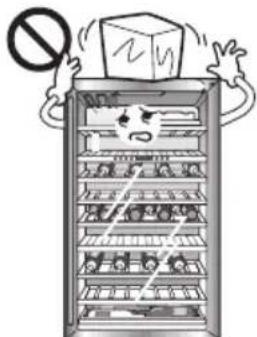 Illustration of a refrigerator with a prohibition symbol above it, showing food compartments and a box labeled 'No' (no food).